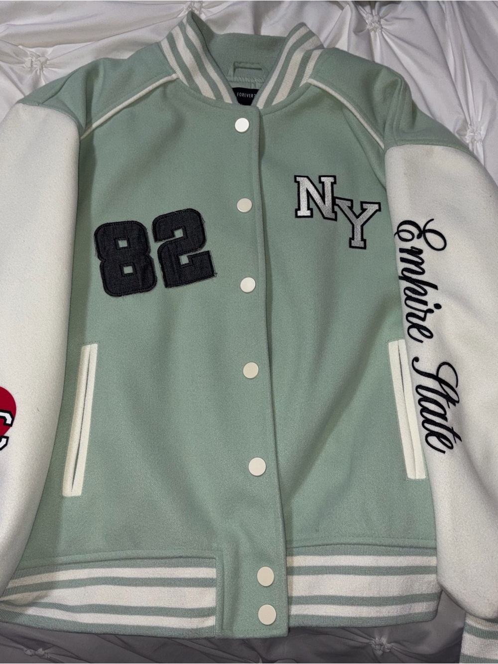 Forever 21 Mint & White Embroidered Varsity Jacket